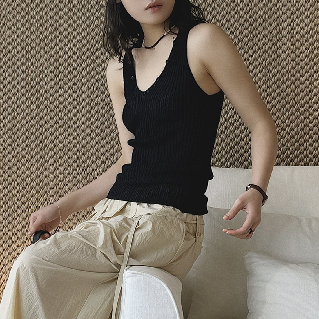 V-Neck Ribbed Knit Tank Top with Button Detail