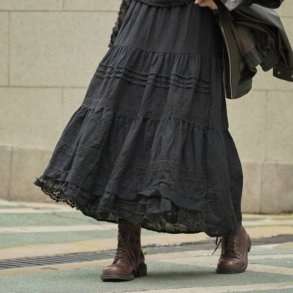 French retro patchwork floral lace skirt A-line long skirt