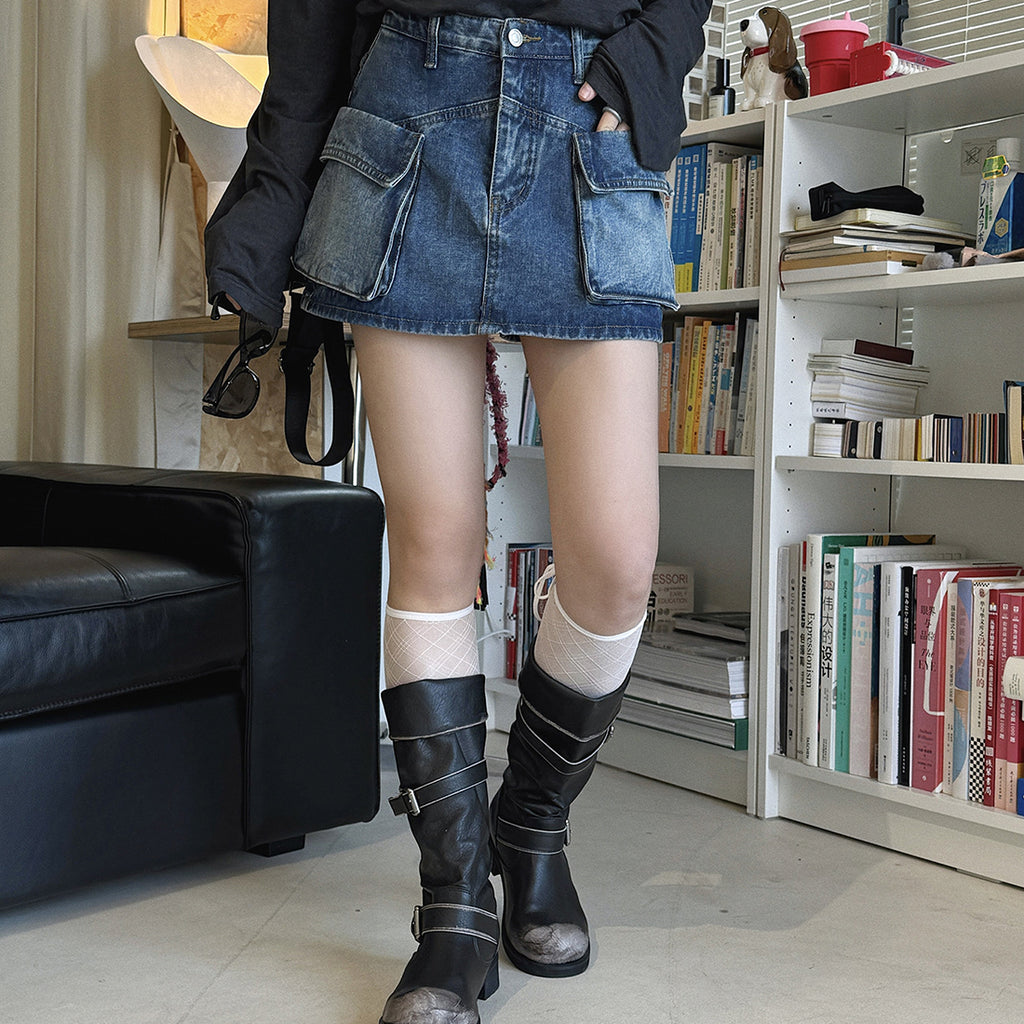Denim Utility Skirt with Front Pockets - High Waist, Casual Fit