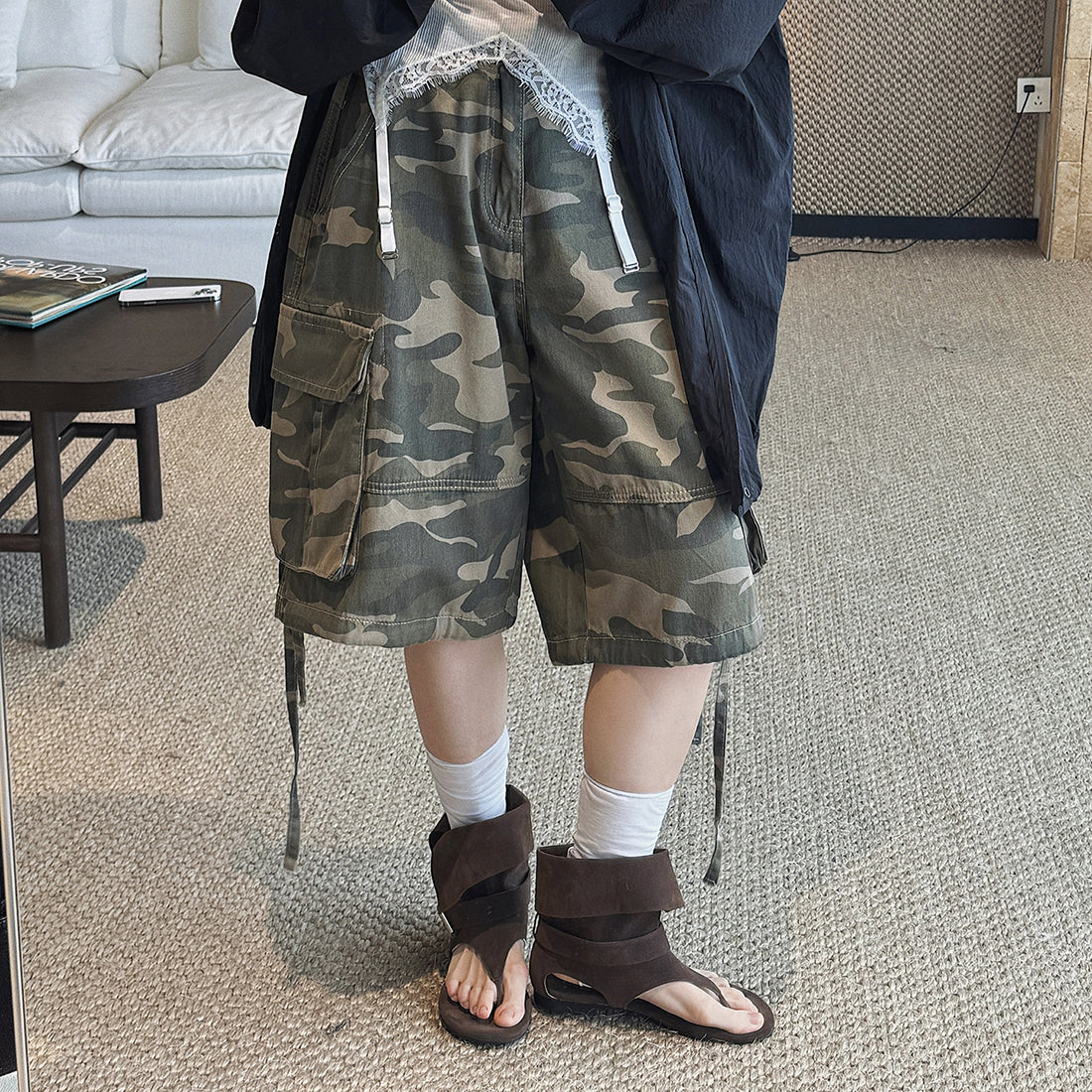 High Waist Camouflage Cargo Shorts Women Vintage Loose Fit Utility Bermuda Shorts