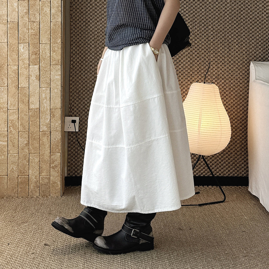long skirt high waist elastic waist cotton a line midi skirt loose casual solid color skirt