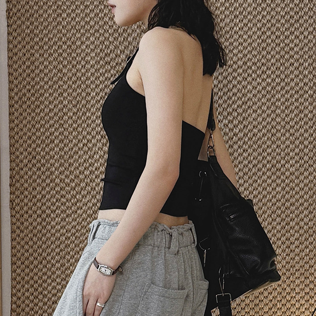 Halter Neck Fitted Tank Top with Buckle Strap Detail