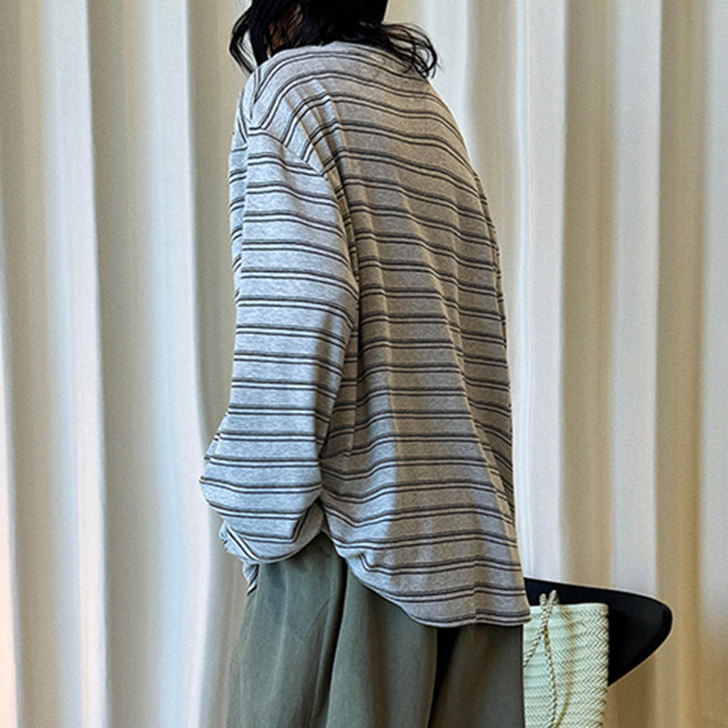 Retro minimalist round neck striped contrasting T-shirt top