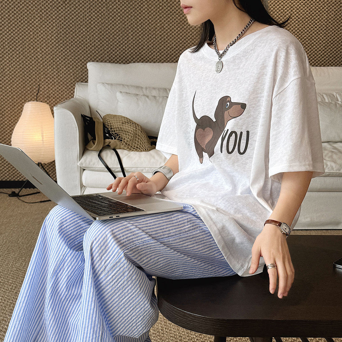 Round neck sausage dog letter printed short sleeve T-shirt top