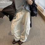Pleated straight leg large pocket loose denim cargo pants