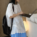embroidered eyelet blouse loose fit cotton short sleeve lace top hollow out shirt