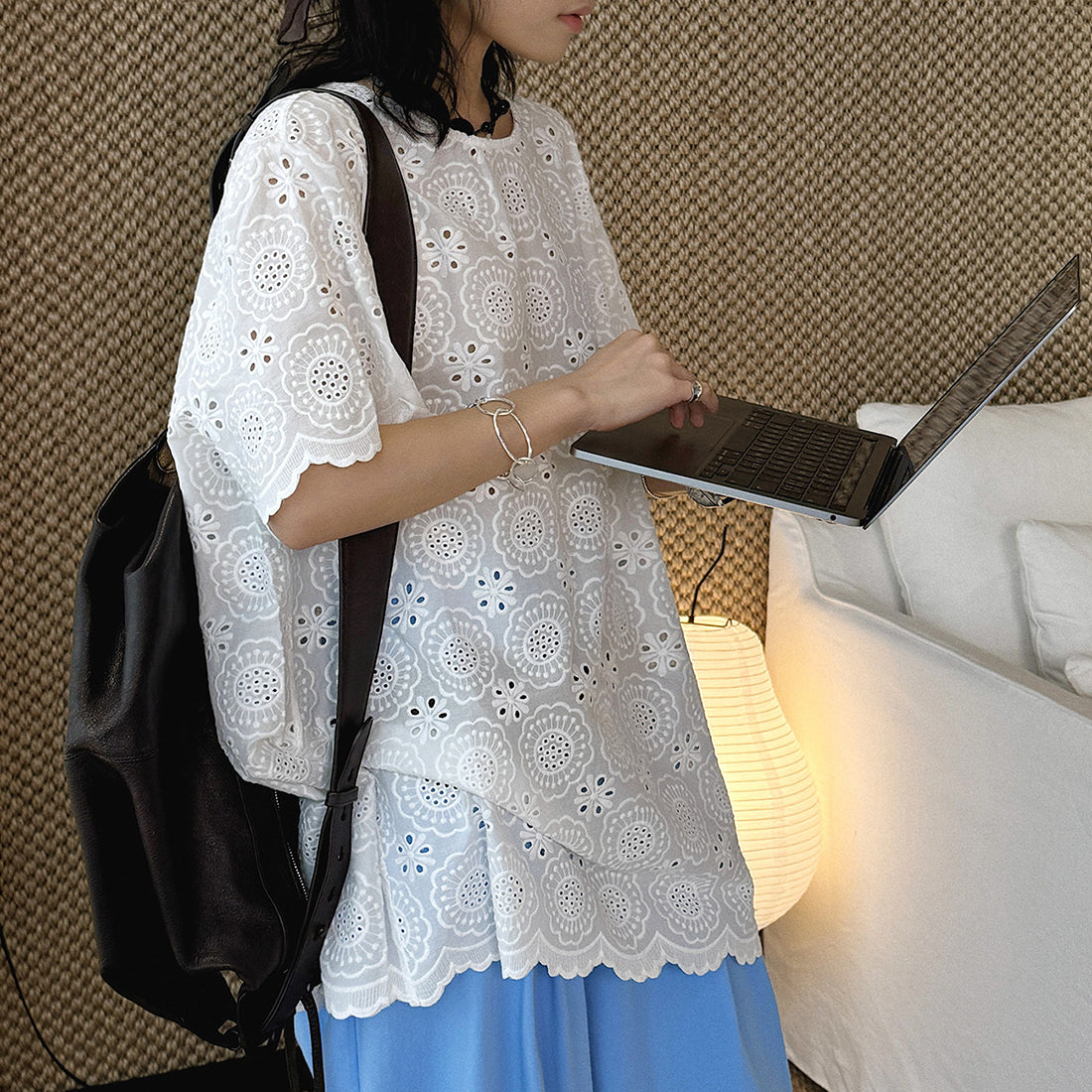 embroidered eyelet blouse loose fit cotton short sleeve lace top hollow out shirt
