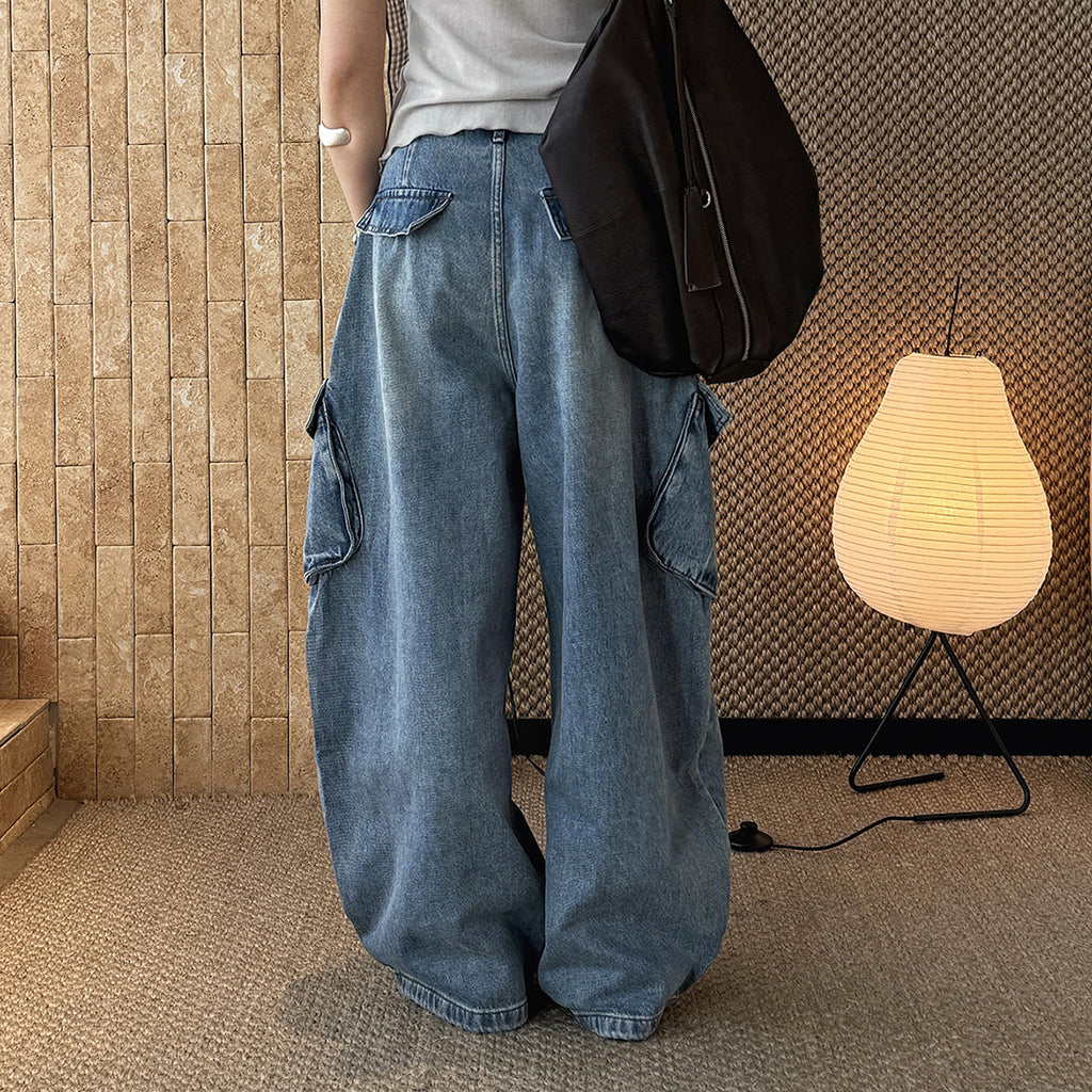 American style spliced large pocket loose wide leg jeans