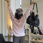 Printed open thread raglan sleeves long sleeved loose T-shirt top