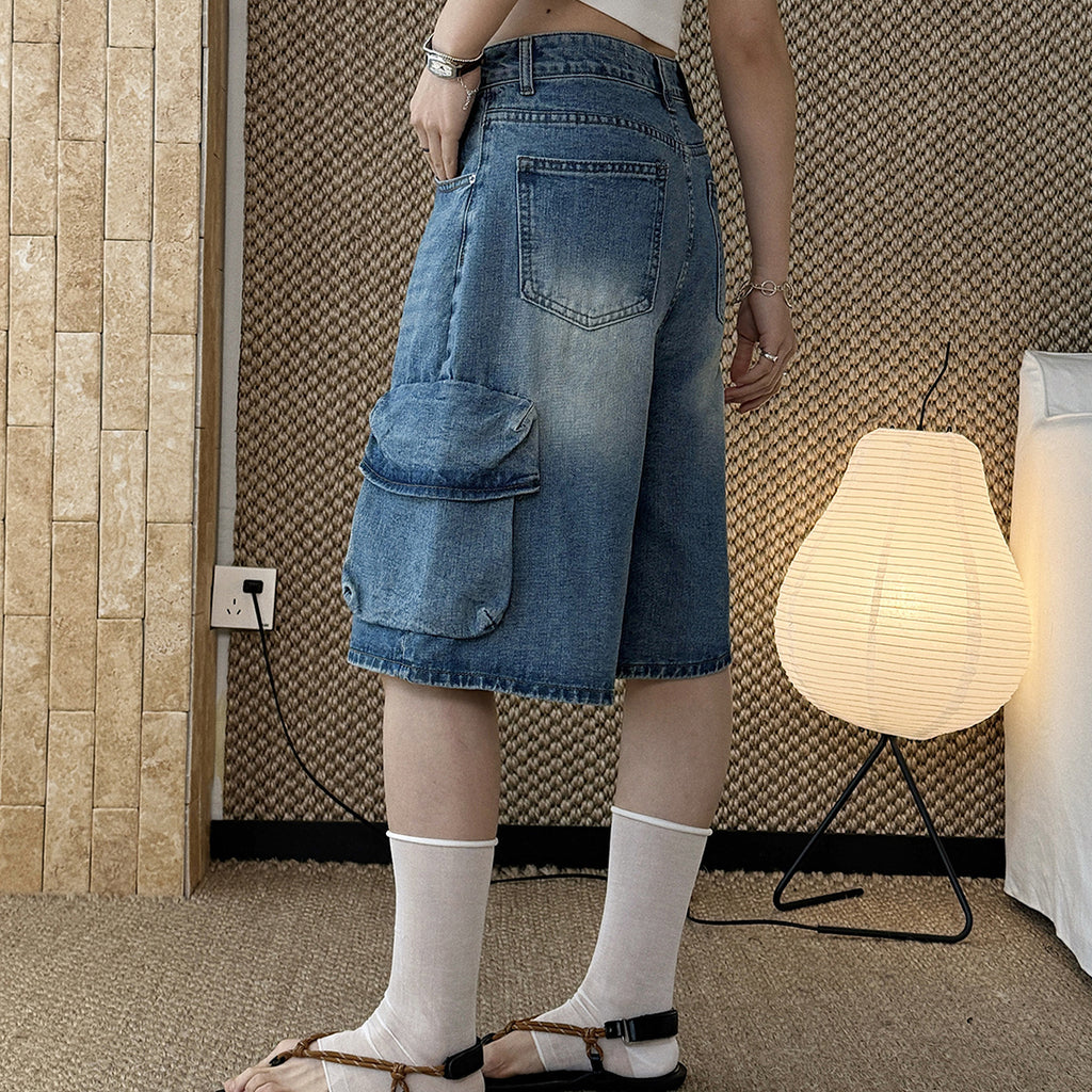 cargo denim bermuda shorts high waist loose fit wide leg washed jeans