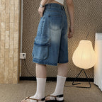 cargo denim bermuda shorts high waist loose fit wide leg washed jeans