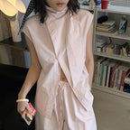 Sleeveless tie neck top women cotton linen loose summer blouse