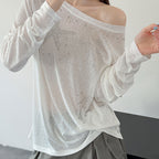 Women’s Star Rhinestone Off-Shoulder Sheer Long-Sleeve Top