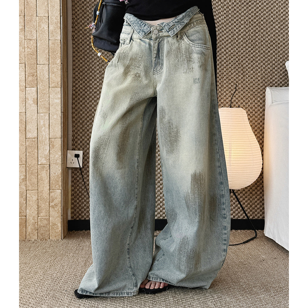 Women’s Double Waist Washed Wide Leg Denim Pants