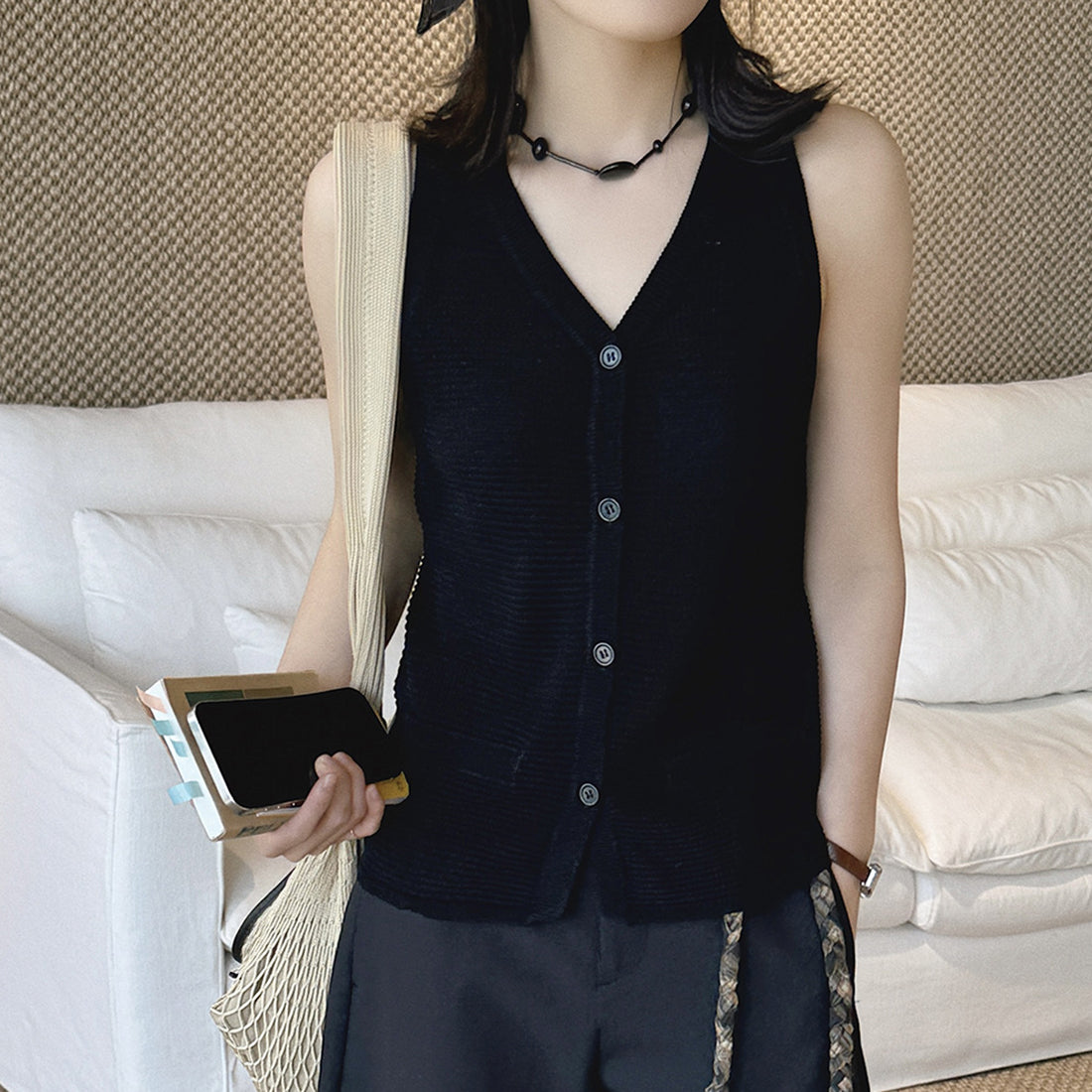 Sleeveless V-Neck Knit Button Vest Top