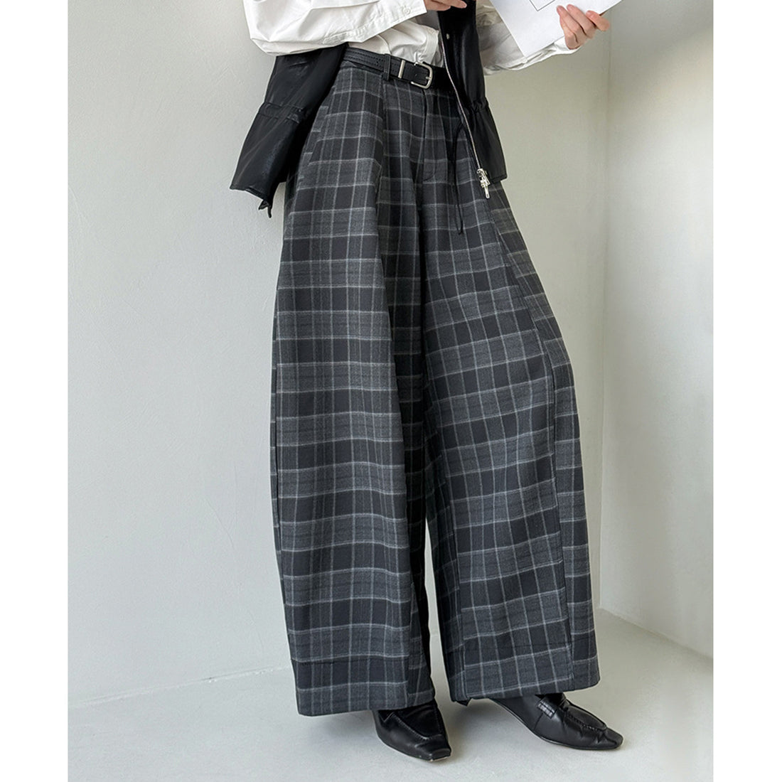 High waisted casual loose plaid wide leg pants