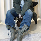 Retro pocket patchwork ripped loose jeans