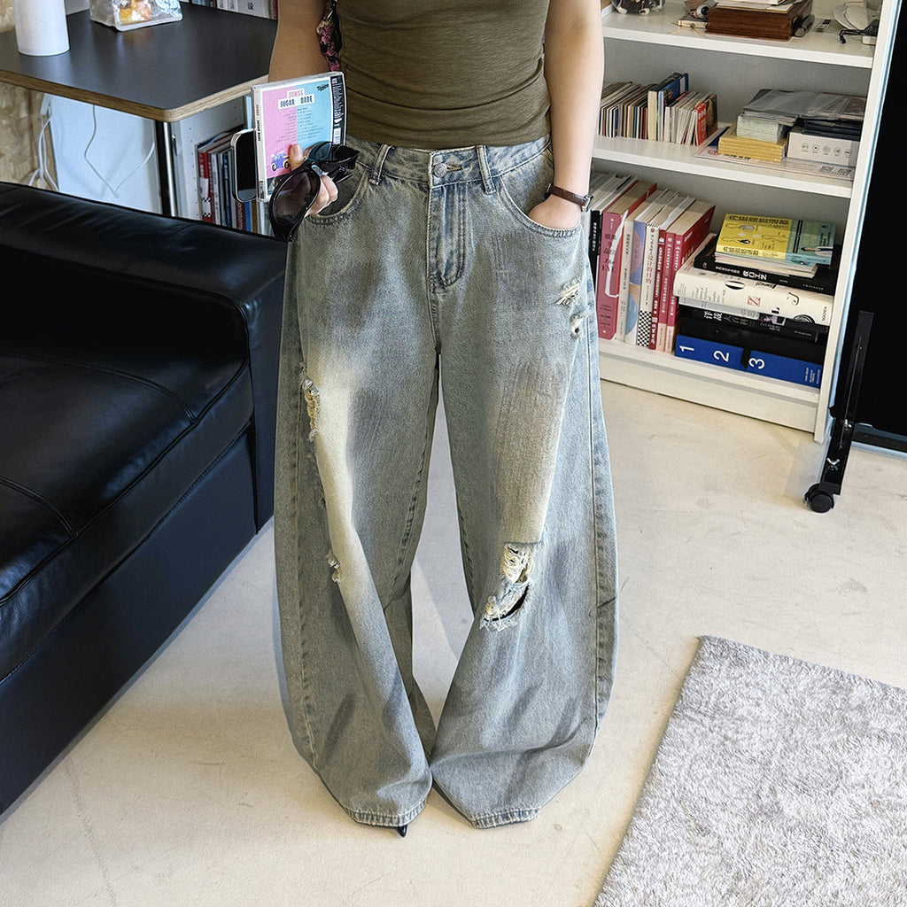 Women’s Vintage Washed Distressed Wide Leg Denim Jeans