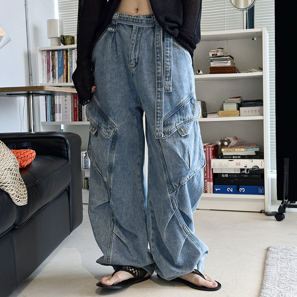 High-Waist Wide-Leg Denim Pants with Utility Pockets