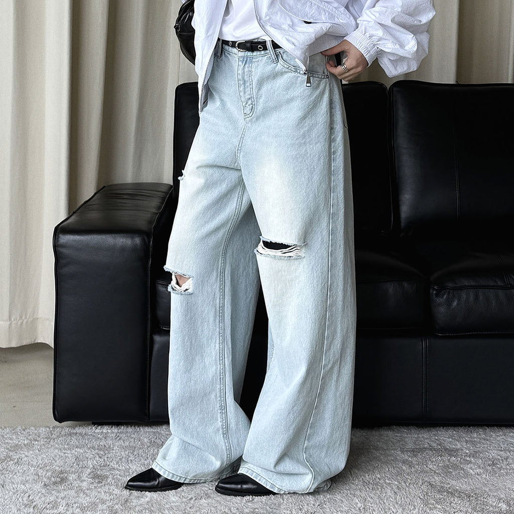 High waisted washed ripped straight leg jeans