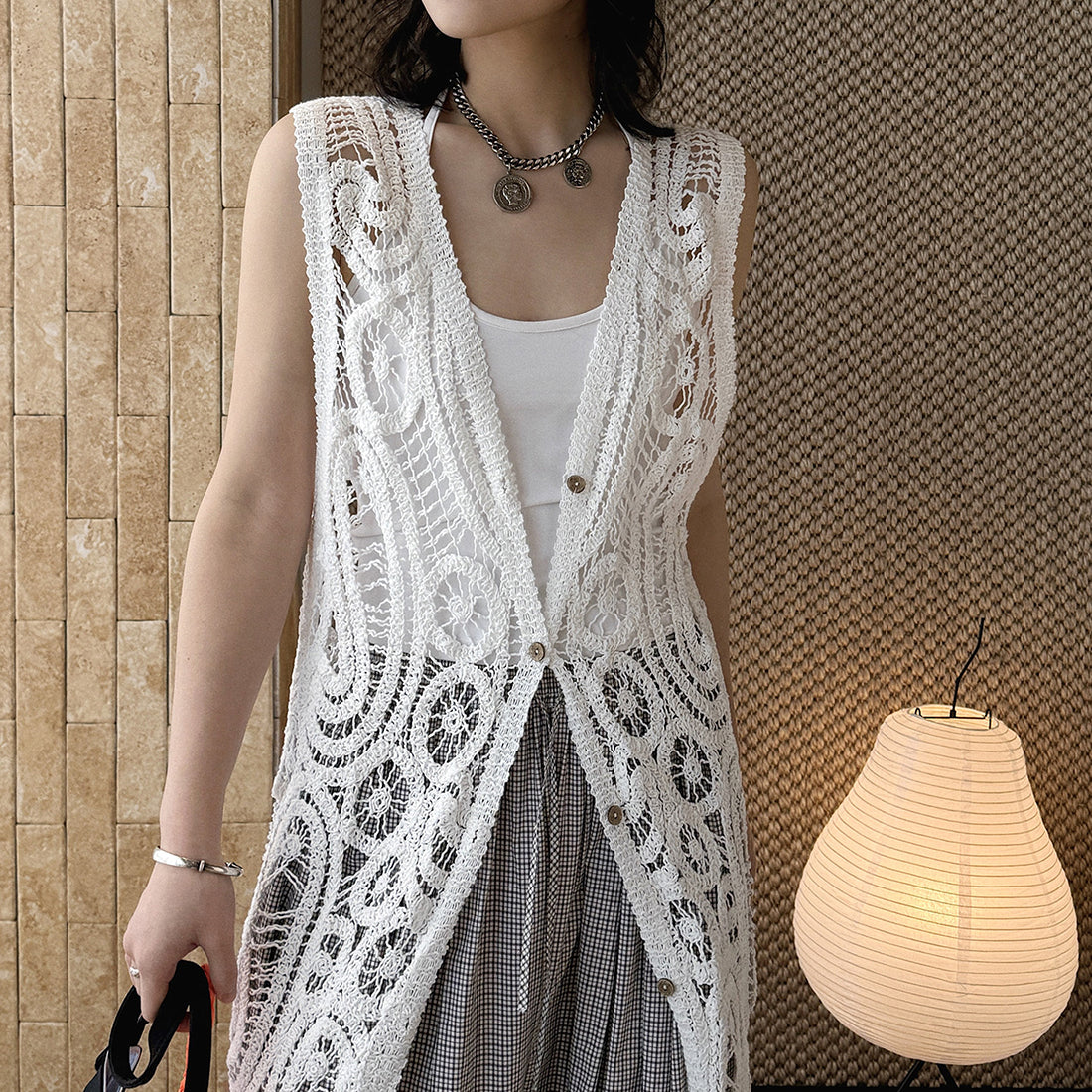 sleeveless long vest lace knit cardigan v neck button down hollow out lightweight layering top