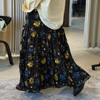Retro elastic waist printed pleated A-line maxi skirt