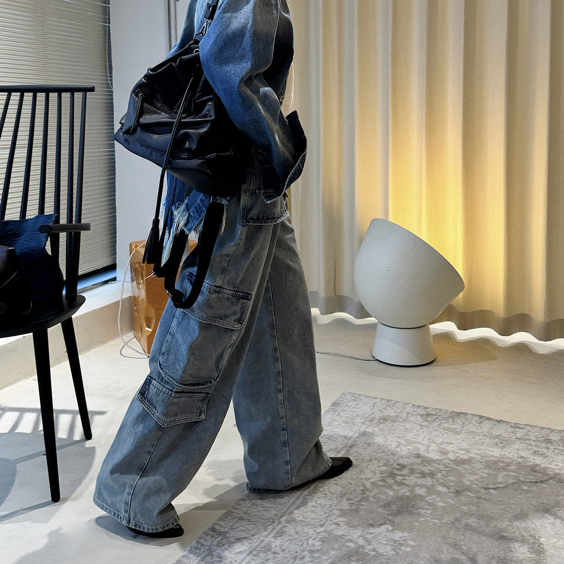 Retro ripped multi pocket loose silhouette jeans