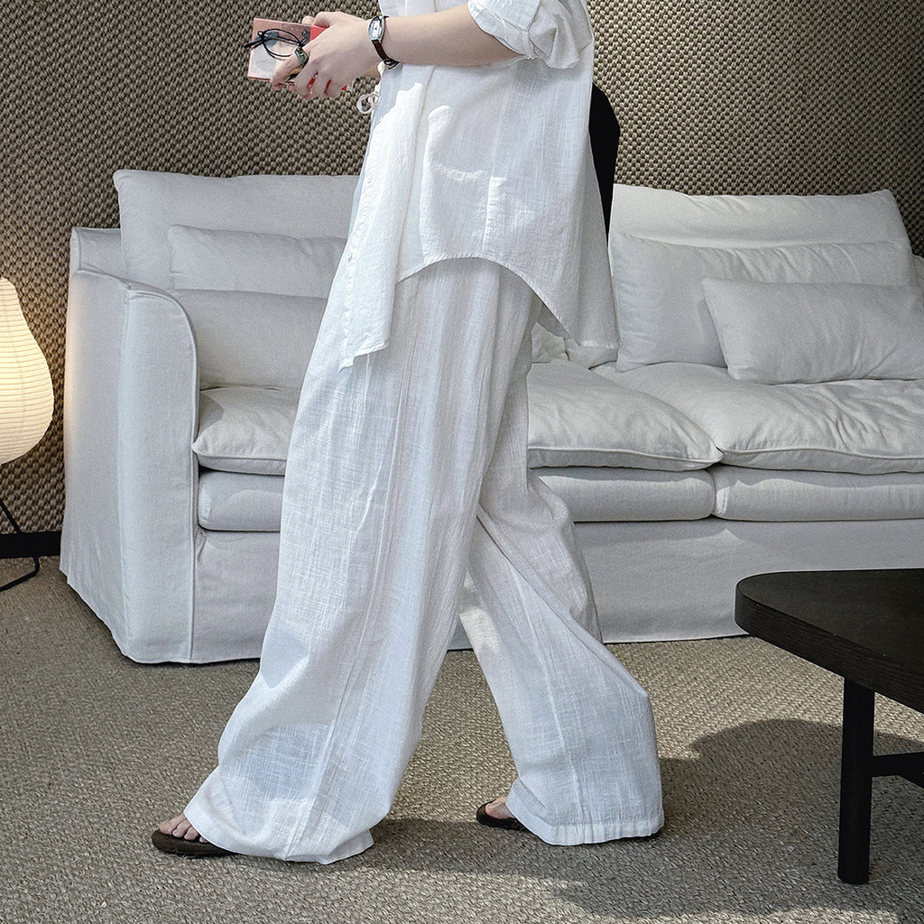 High Waist Cotton Linen Wide Leg Pants with Drawstring