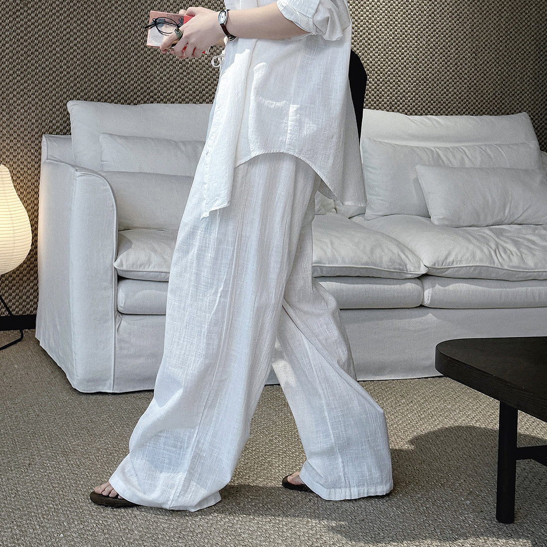 High Waist Cotton Linen Wide Leg Pants with Drawstring