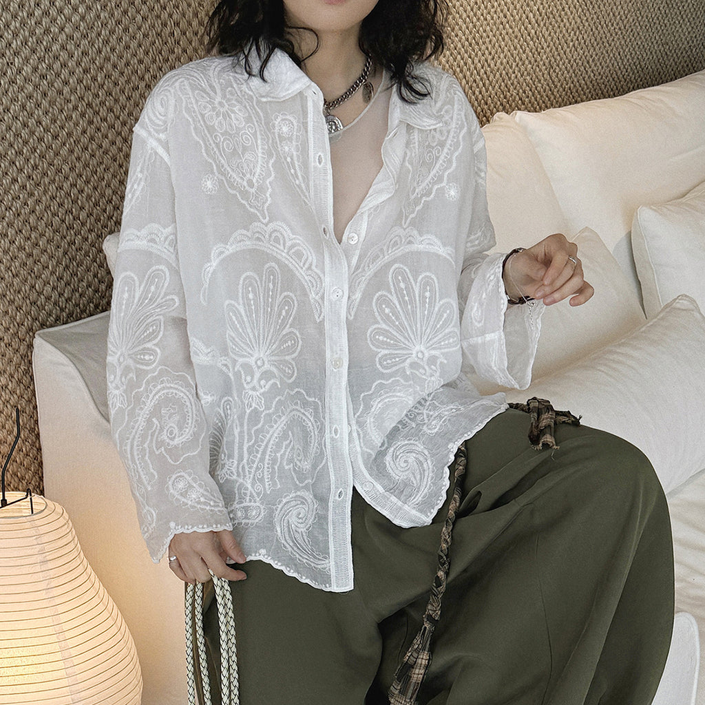 embroidered sheer shirt loose fit long sleeve button down lightweight cotton blouse