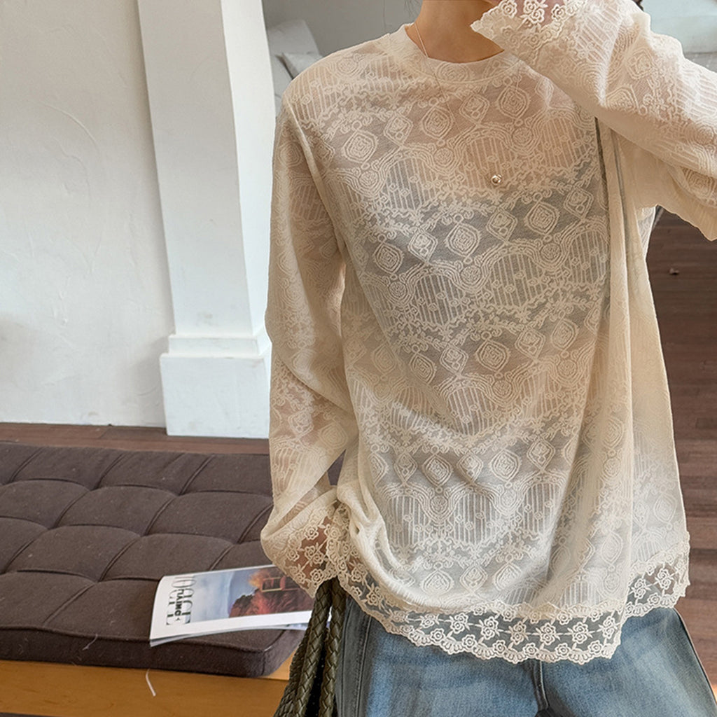 Round neck lace knitted hollow out long sleeved top