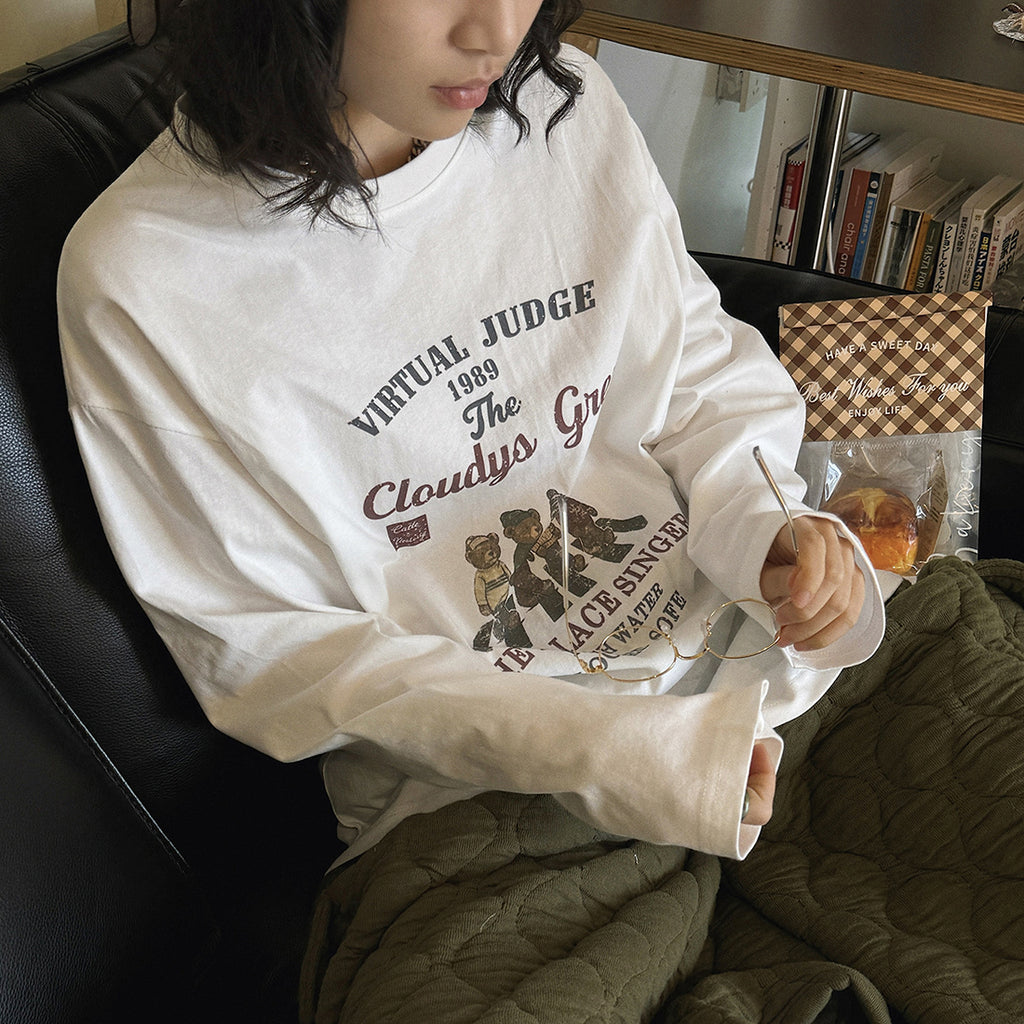 Retro teddy bear letter printed loose long sleeved T-shirt