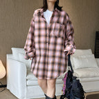 Vintage pink plaid oversized cotton shirt women loose casual long sleeve blouse