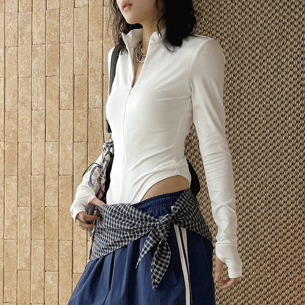 Slim fit stand collar zip long sleeve bodysuit