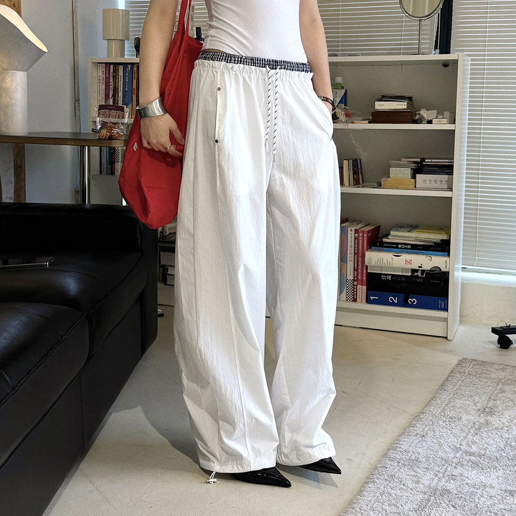 Grid waistband elastic drawstring loose casual ankle pants