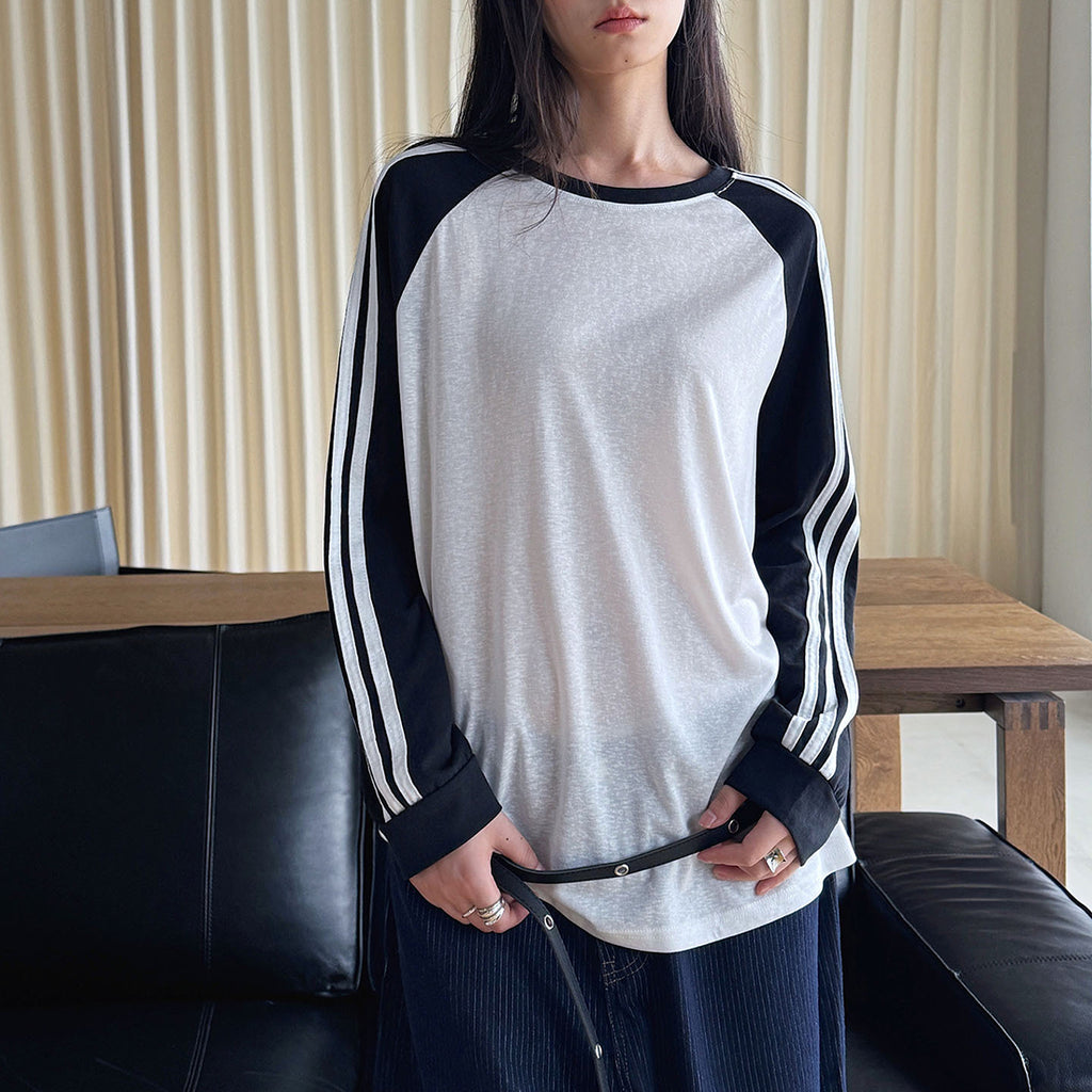 Retro contrasting striped loose T-shirt sunscreen top
