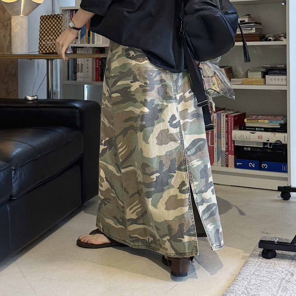 Camo long skirt women high waist vintage A-line maxi skirt