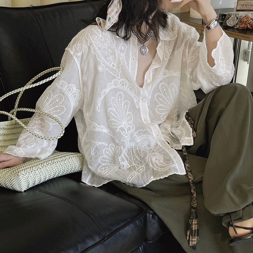 White embroidered cotton blouse loose long sleeve sheer lace shirt women