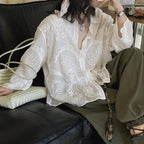 White embroidered cotton blouse loose long sleeve sheer lace shirt women