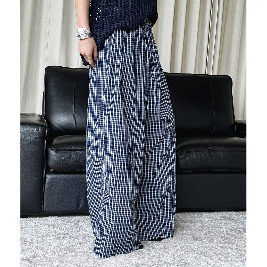 Color blocking plaid splicing casual elastic drawstring pants