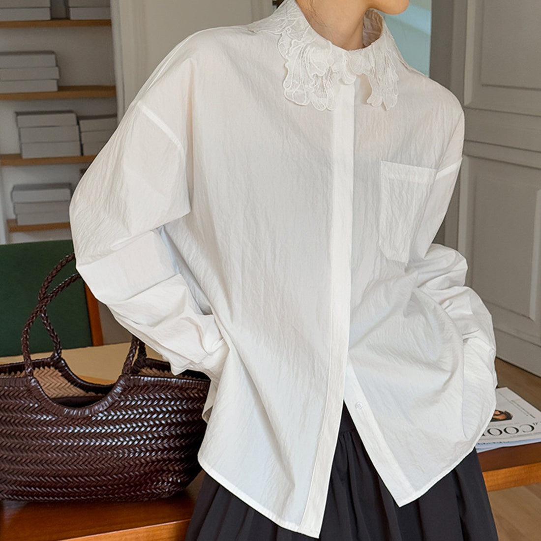 French lace lapel long sleeved button up shirt