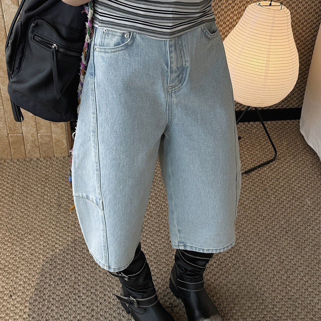 High Waist Cotton Denim Bermuda Shorts Loose Fit Wide Leg Casual Vintage Jeans