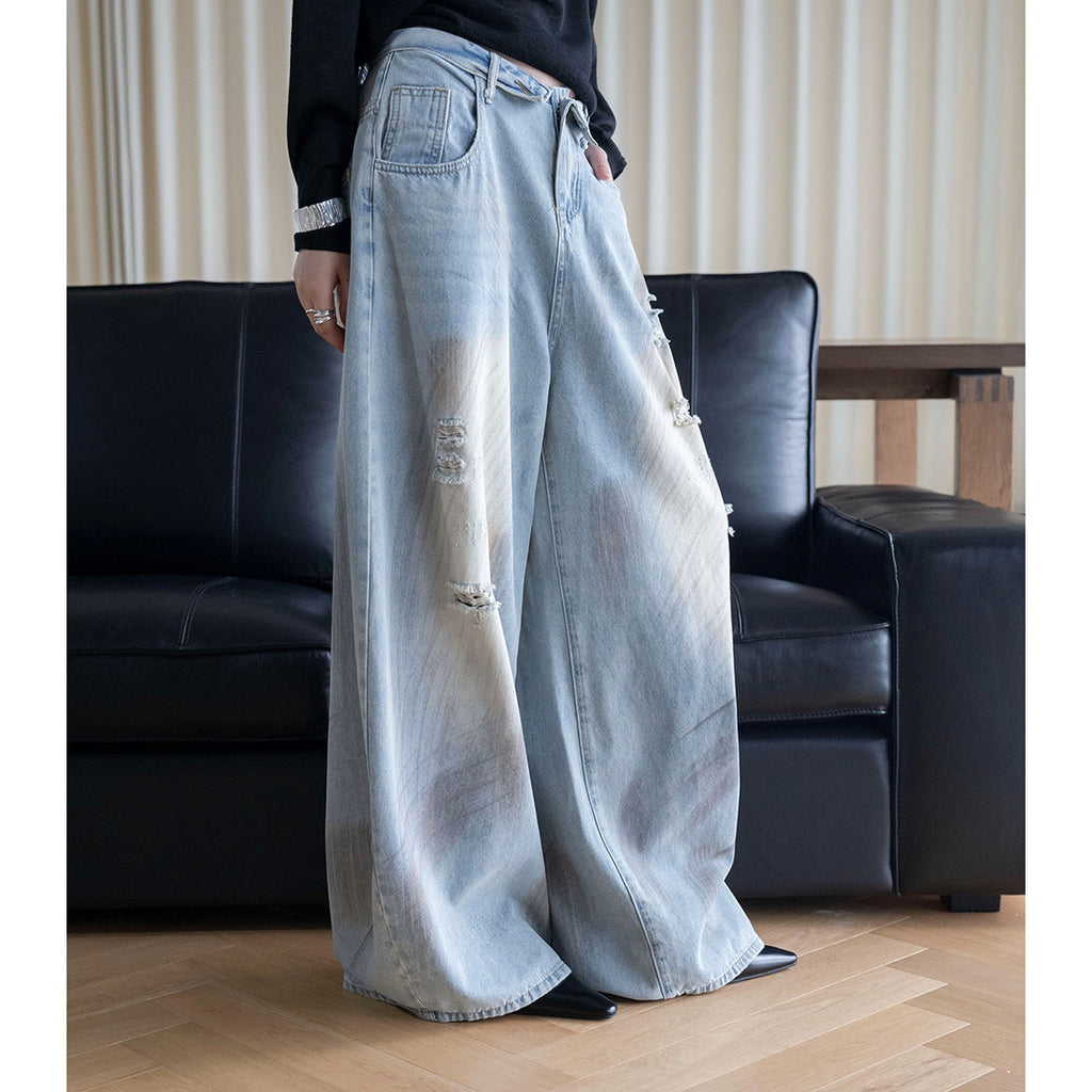 American retro ripped wide leg jeans