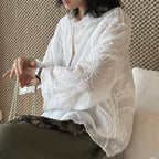 White embroidered cotton blouse loose long sleeve sheer lace shirt women