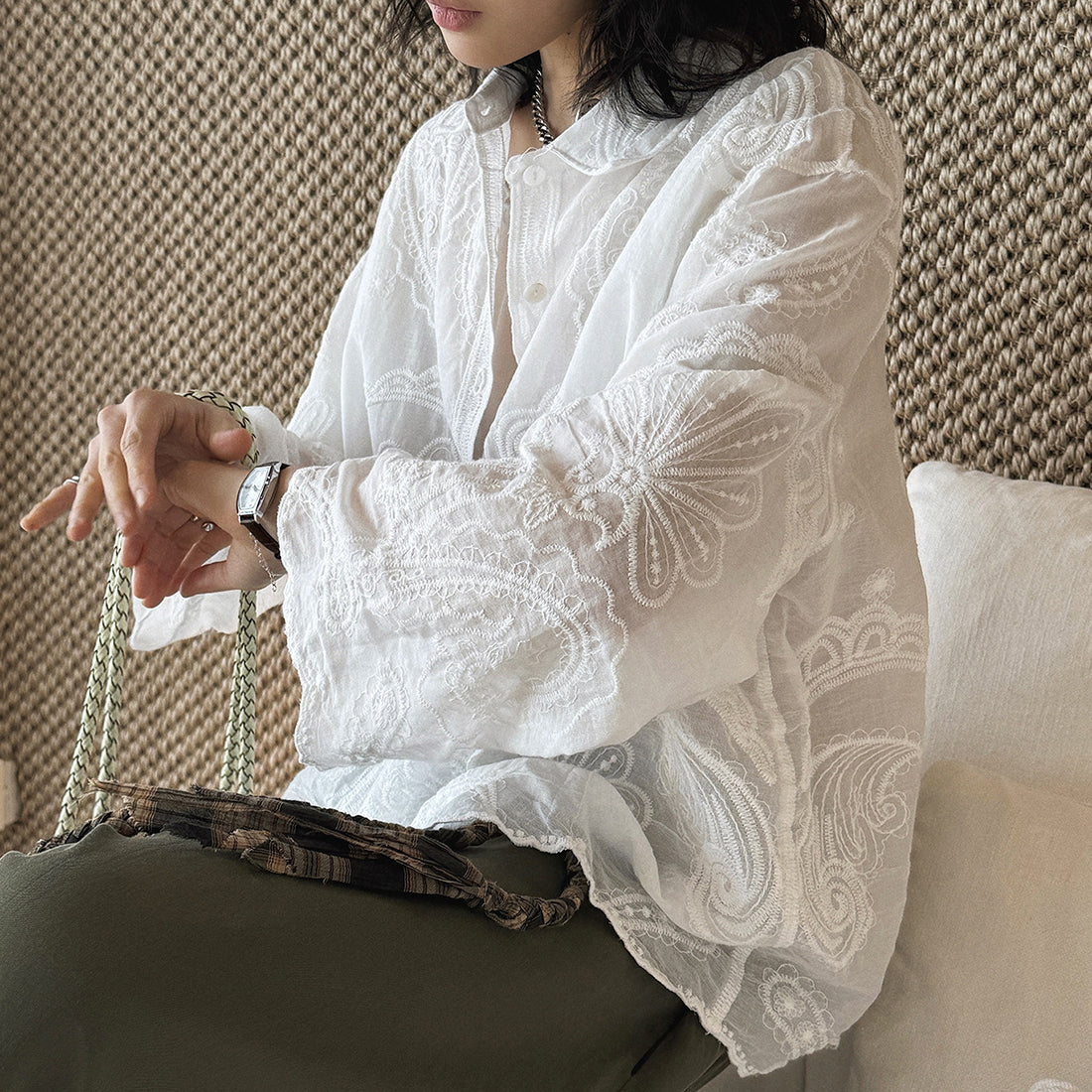 White embroidered cotton blouse loose long sleeve sheer lace shirt women