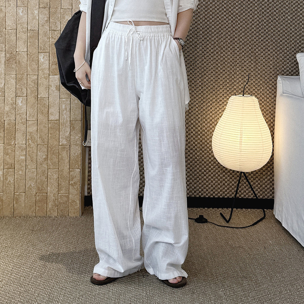 High Waist Cotton Linen Wide Leg Pants with Drawstring