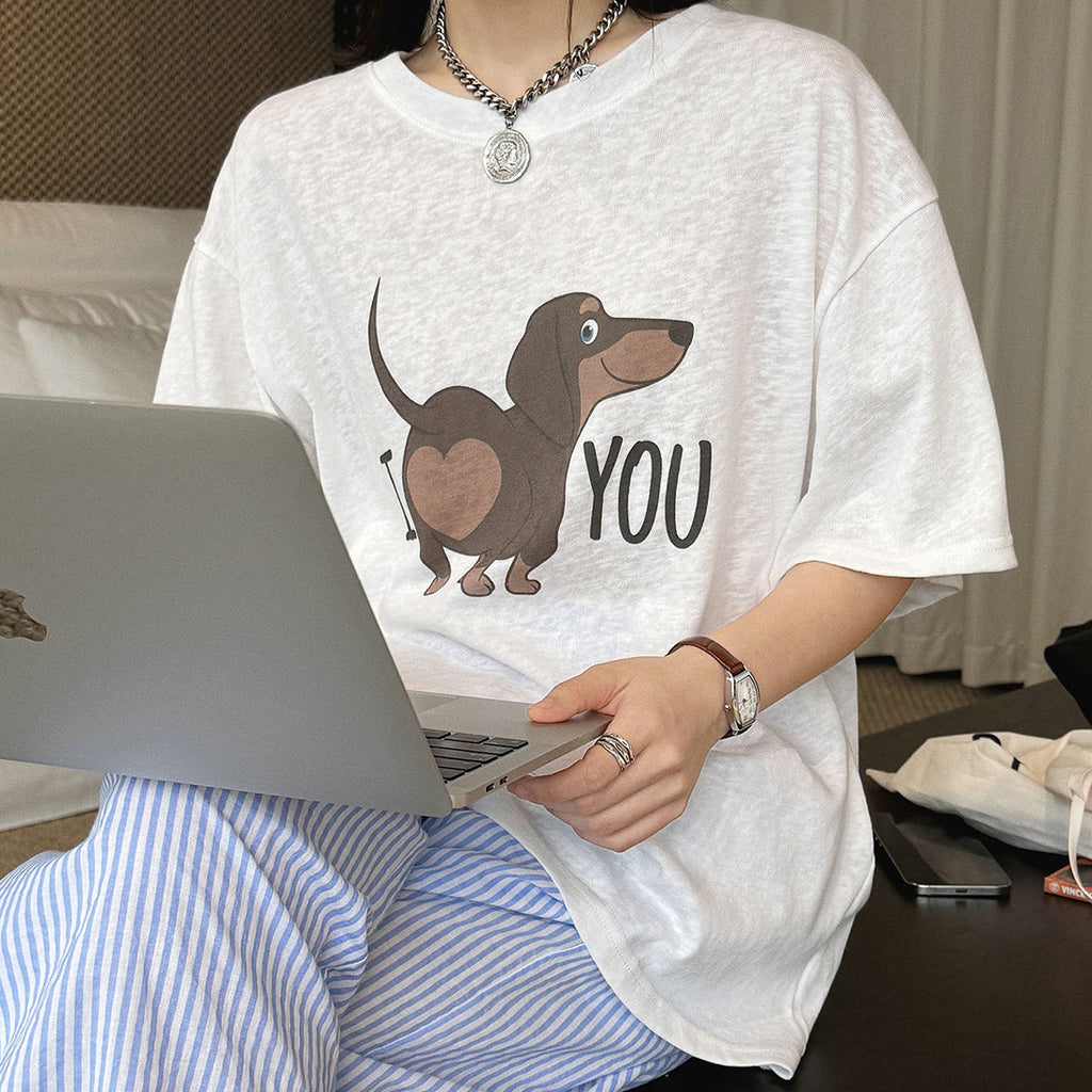 Round neck sausage dog letter printed short sleeve T-shirt top