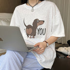 Round neck sausage dog letter printed short sleeve T-shirt top