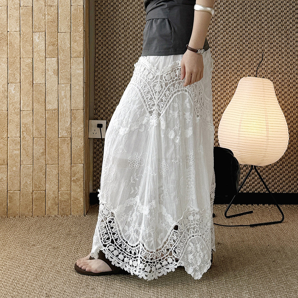 Boho lace embroidered maxi skirt with flowy silhouette and soft lining