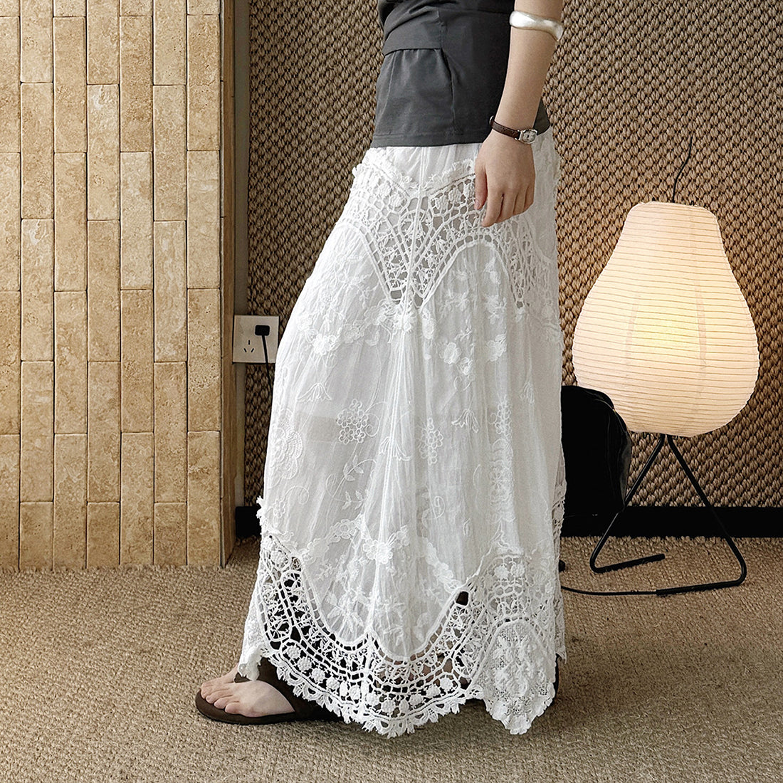Boho lace embroidered maxi skirt with flowy silhouette and soft lining
